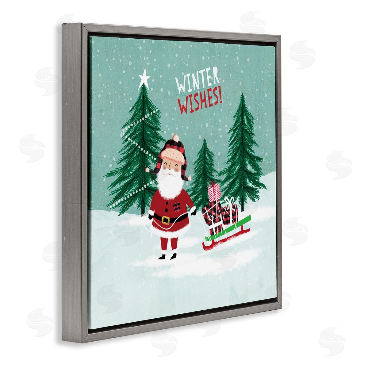 Pan Georgiou Winter Wishes Santa Claus & Sled  Gray Floating Frame Canvas Wall Art Print