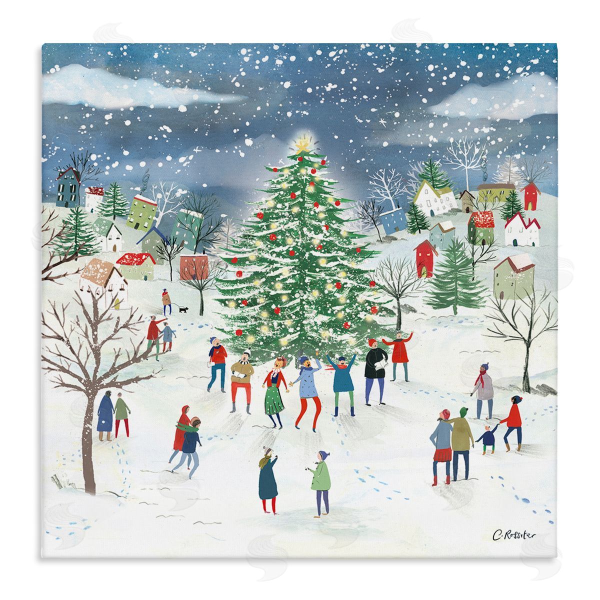 Clair Rossiter Town Christmas Tree Celebration Stretched Canvas Wall Art Print