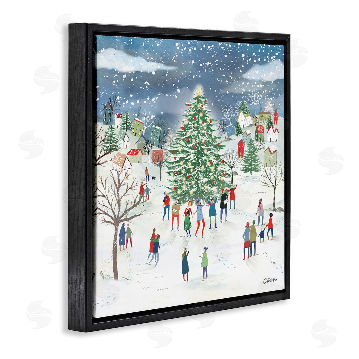 Clair Rossiter Town Christmas Tree Celebration Black Floating Frame Canvas Wall Art Print