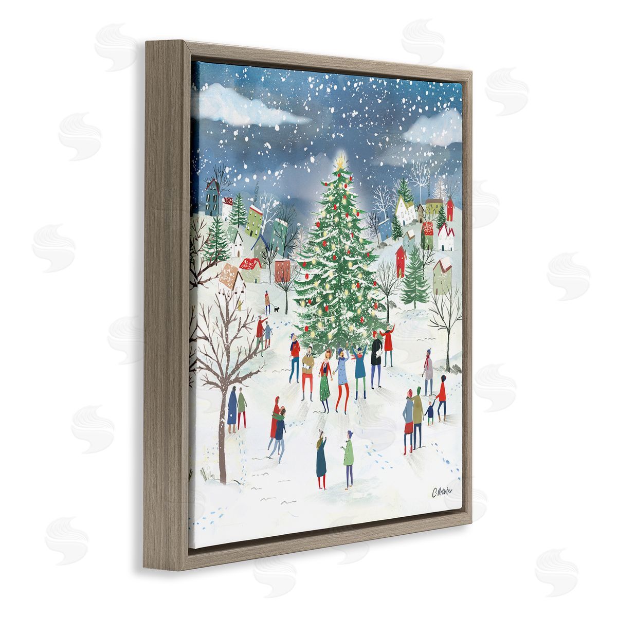 Clair Rossiter Town Christmas Tree Celebration Brown Floating Frame Canvas Wall Art Print