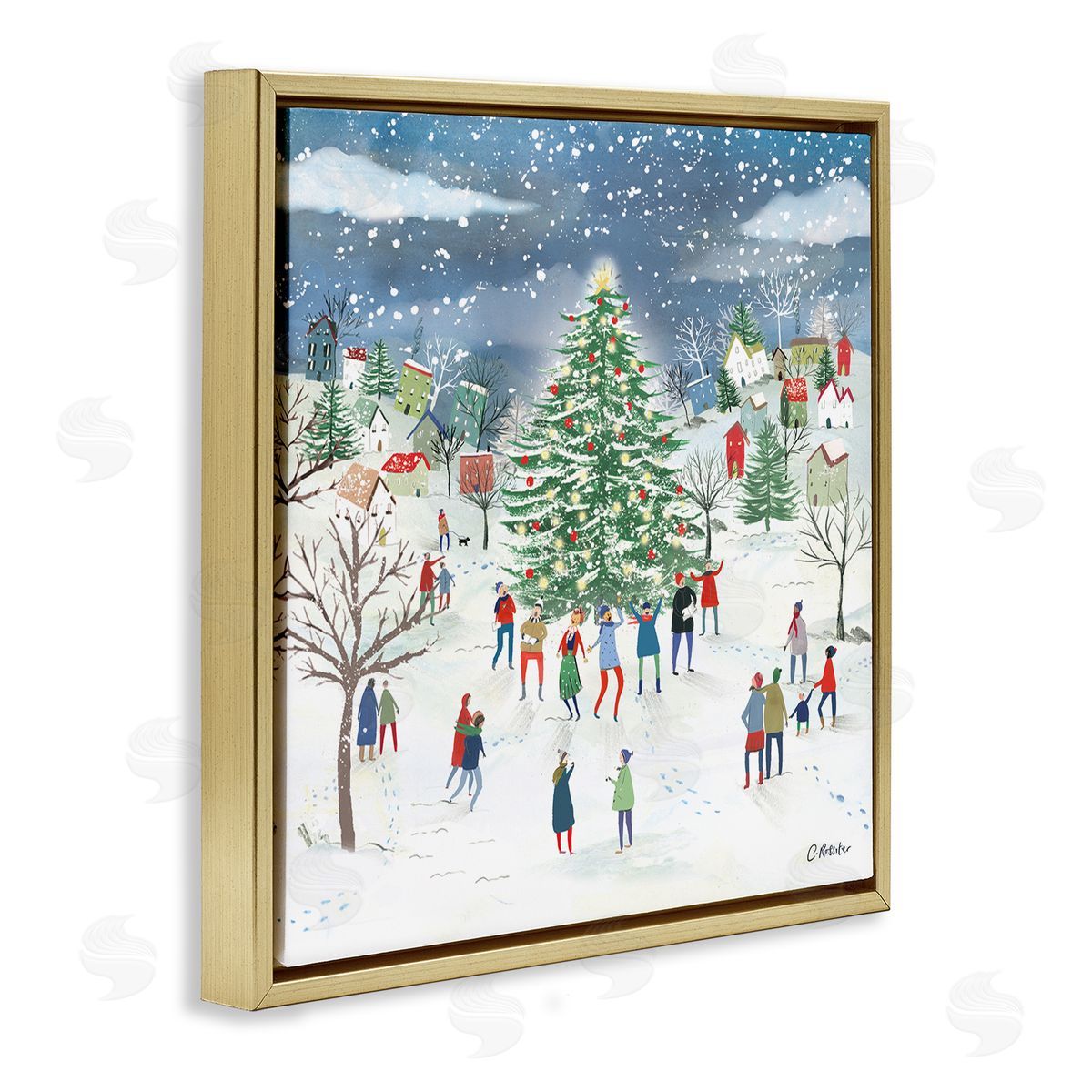 Clair Rossiter Town Christmas Tree Celebration Gold Floating Frame Canvas Wall Art Print
