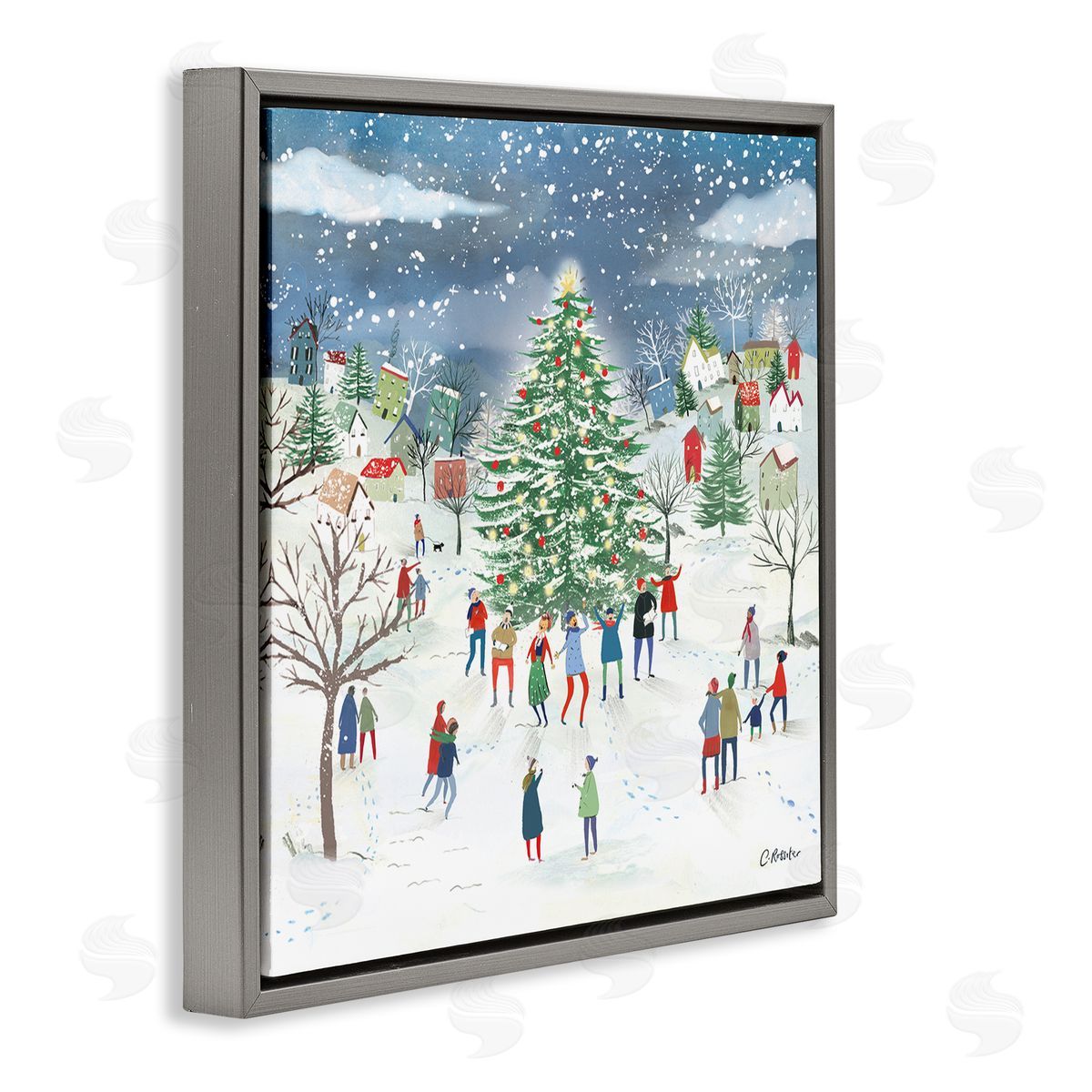 Clair Rossiter Town Christmas Tree Celebration Gray Floating Frame Canvas Wall Art Print