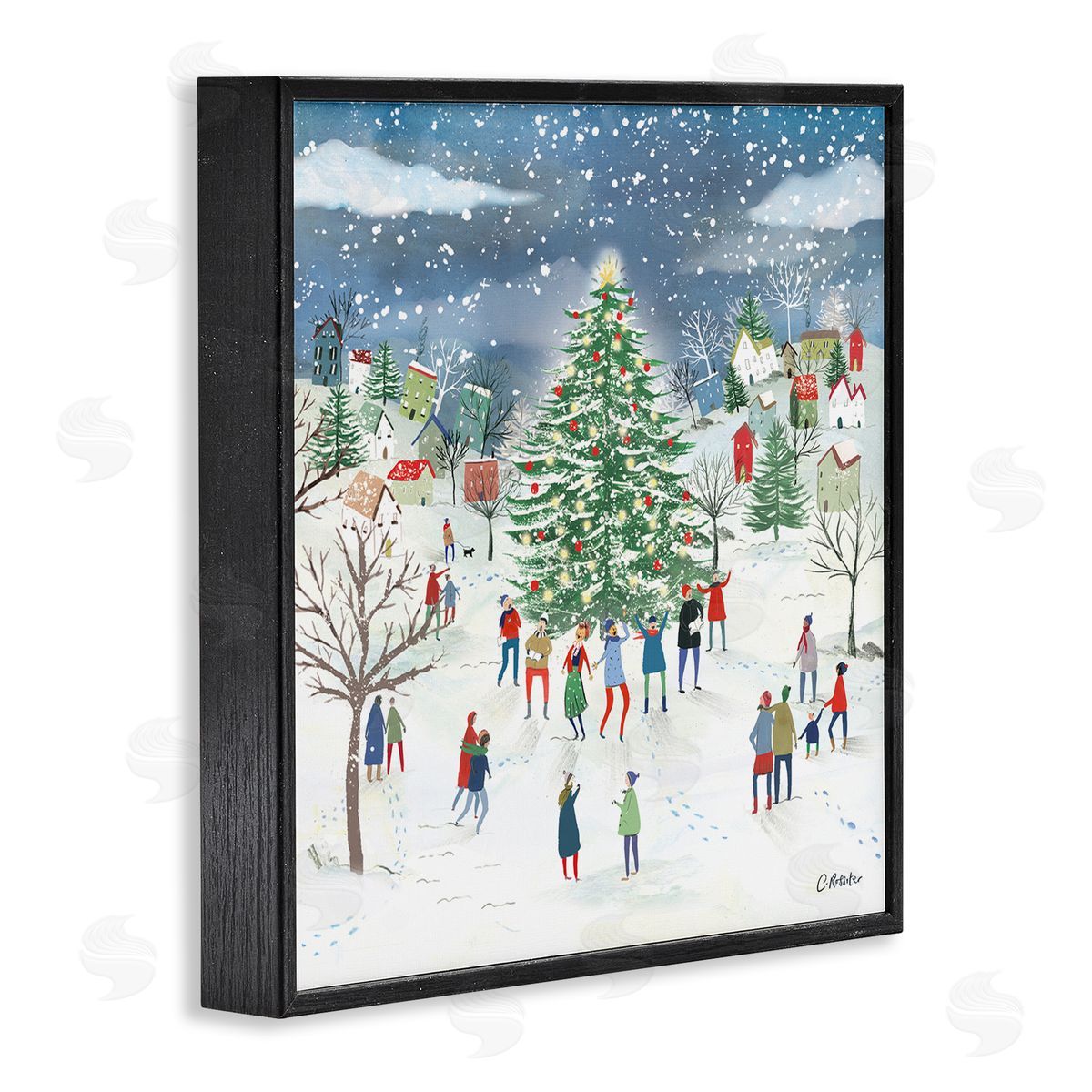 Clair Rossiter Town Christmas Tree Celebration Black Framed Glicee Wall Art Print