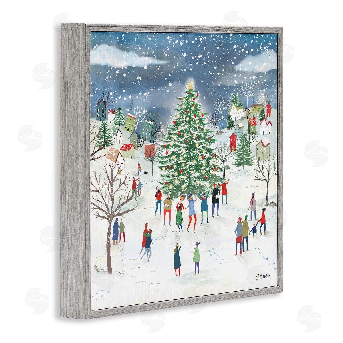 Clair Rossiter Town Christmas Tree Celebration Gray Framed Glicee Wall Art Print