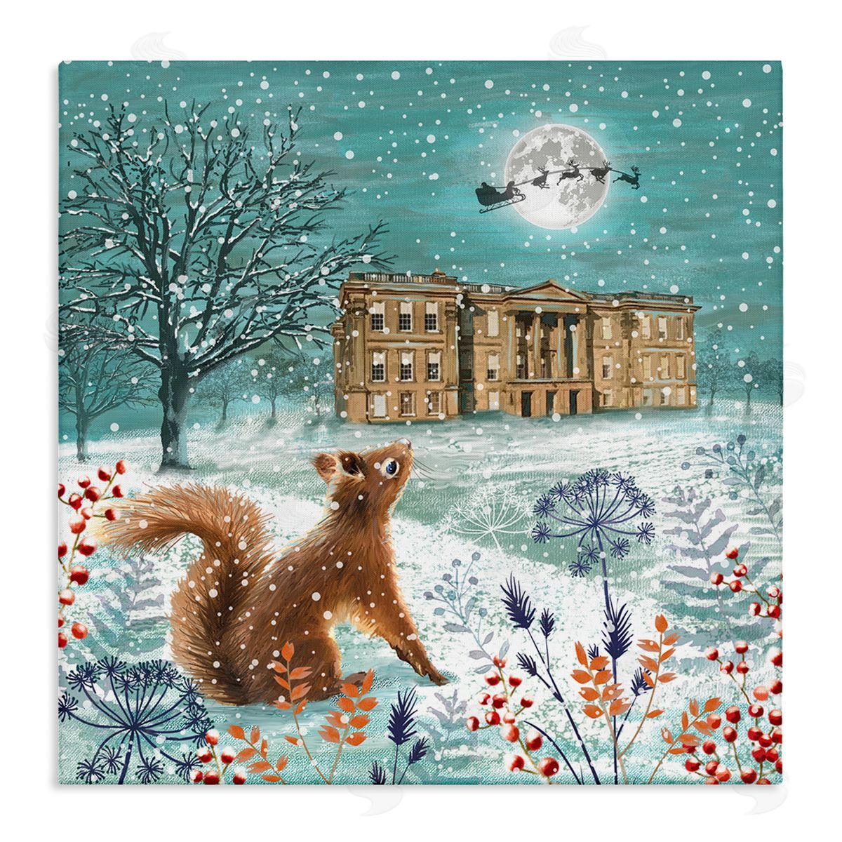 Jane Sunner Squirrel Watching Santa Claus Stretched Canvas Wall Art Print