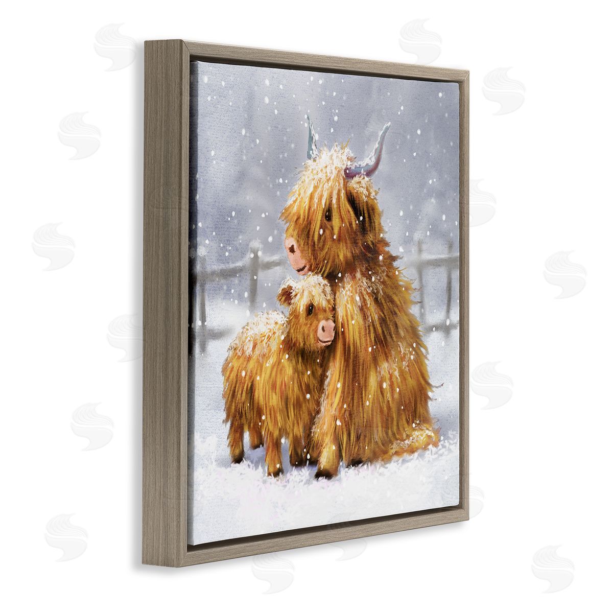 Pip Wilson Cattle Calf Snowy Farm Landscape Brown Floating Frame Canvas Wall Art Print