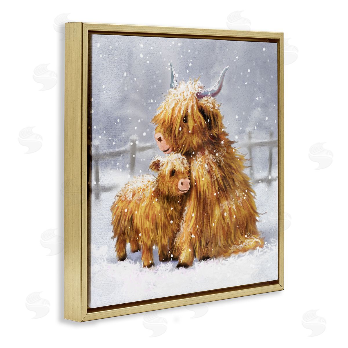 Pip Wilson Cattle Calf Snowy Farm Landscape Gold Floating Frame Canvas Wall Art Print