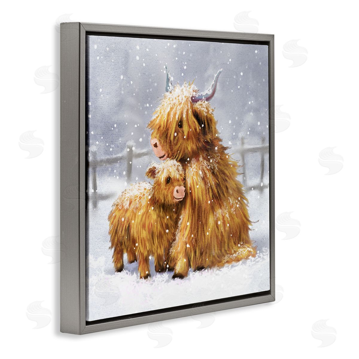 Pip Wilson Cattle Calf Snowy Farm Landscape Gray Floating Frame Canvas Wall Art Print