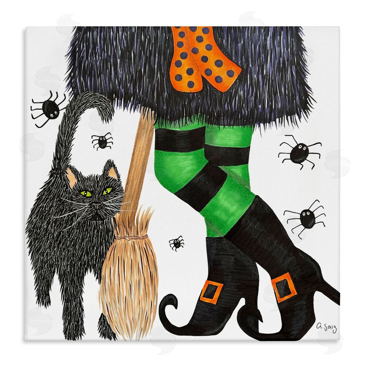 Ale Saiz Studio Witch Broom Halloween Black Cat  Stretched Canvas Wall Art Print