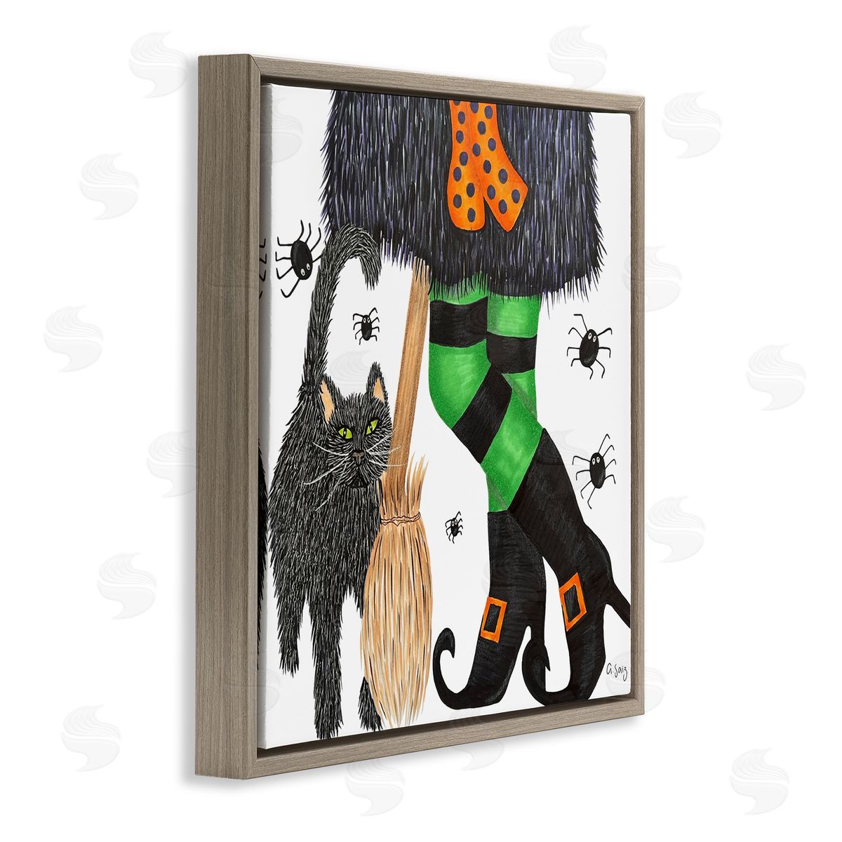 Ale Saiz Studio Witch Broom Halloween Black Cat  Brown Floating Frame Canvas Wall Art Print