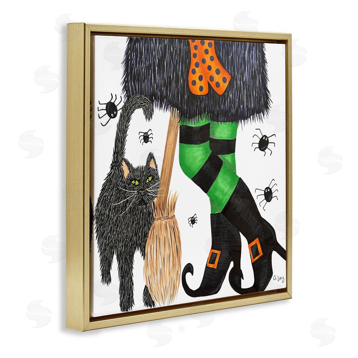 Ale Saiz Studio Witch Broom Halloween Black Cat  Gold Floating Frame Canvas Wall Art Print