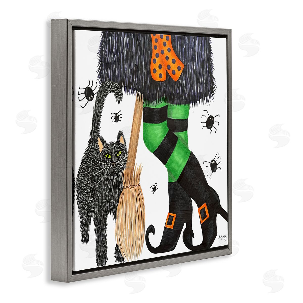 Ale Saiz Studio Witch Broom Halloween Black Cat  Gray Floating Frame Canvas Wall Art Print