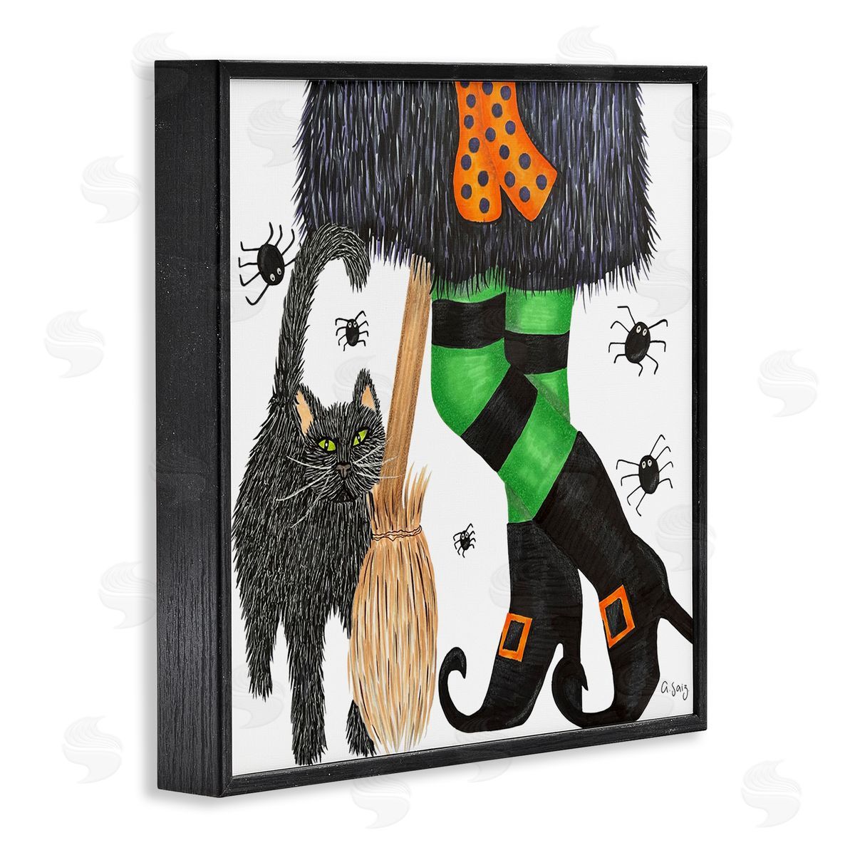 Ale Saiz Studio Witch Broom Halloween Black Cat  Black Framed Glicee Wall Art Print