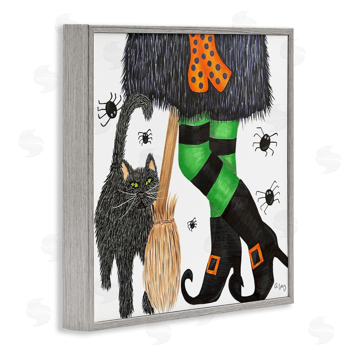 Ale Saiz Studio Witch Broom Halloween Black Cat  Gray Framed Glicee Wall Art Print