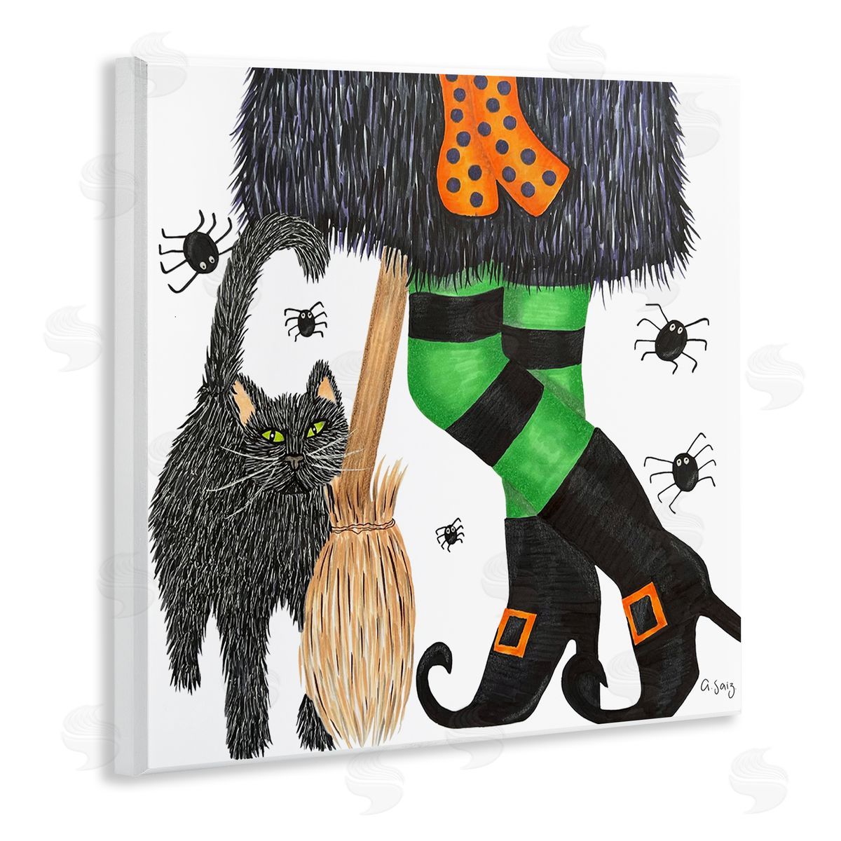 Ale Saiz Studio Witch Broom Halloween Black Cat  Wooden Wall Plaque Art Print