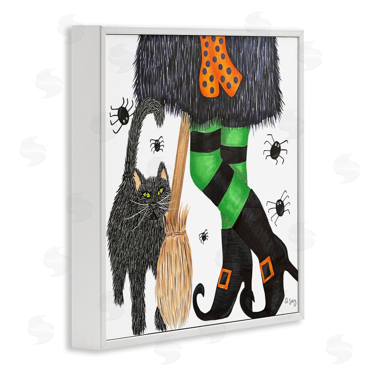 Ale Saiz Studio Witch Broom Halloween Black Cat  White Framed Glicee Wall Art Print