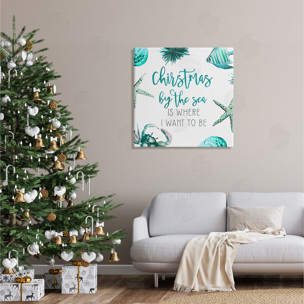 Ziwei Li Christmas By The Sea Phrase Canvas Wall Art in Room