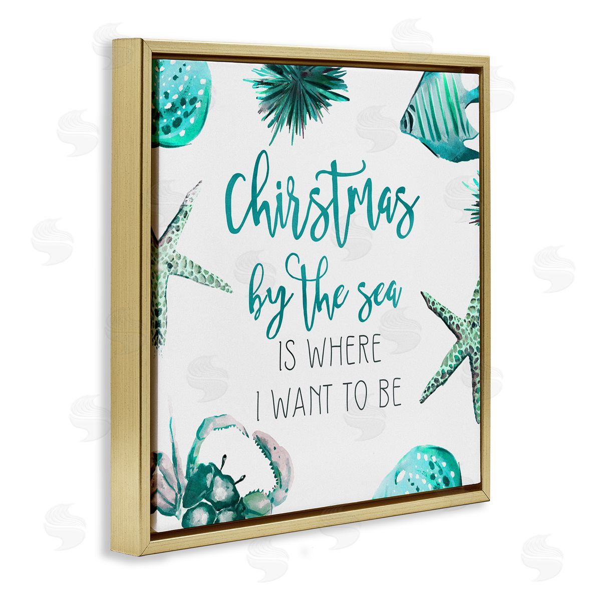 Ziwei Li Christmas By The Sea Phrase Gold Floating Frame Canvas Wall Art Print