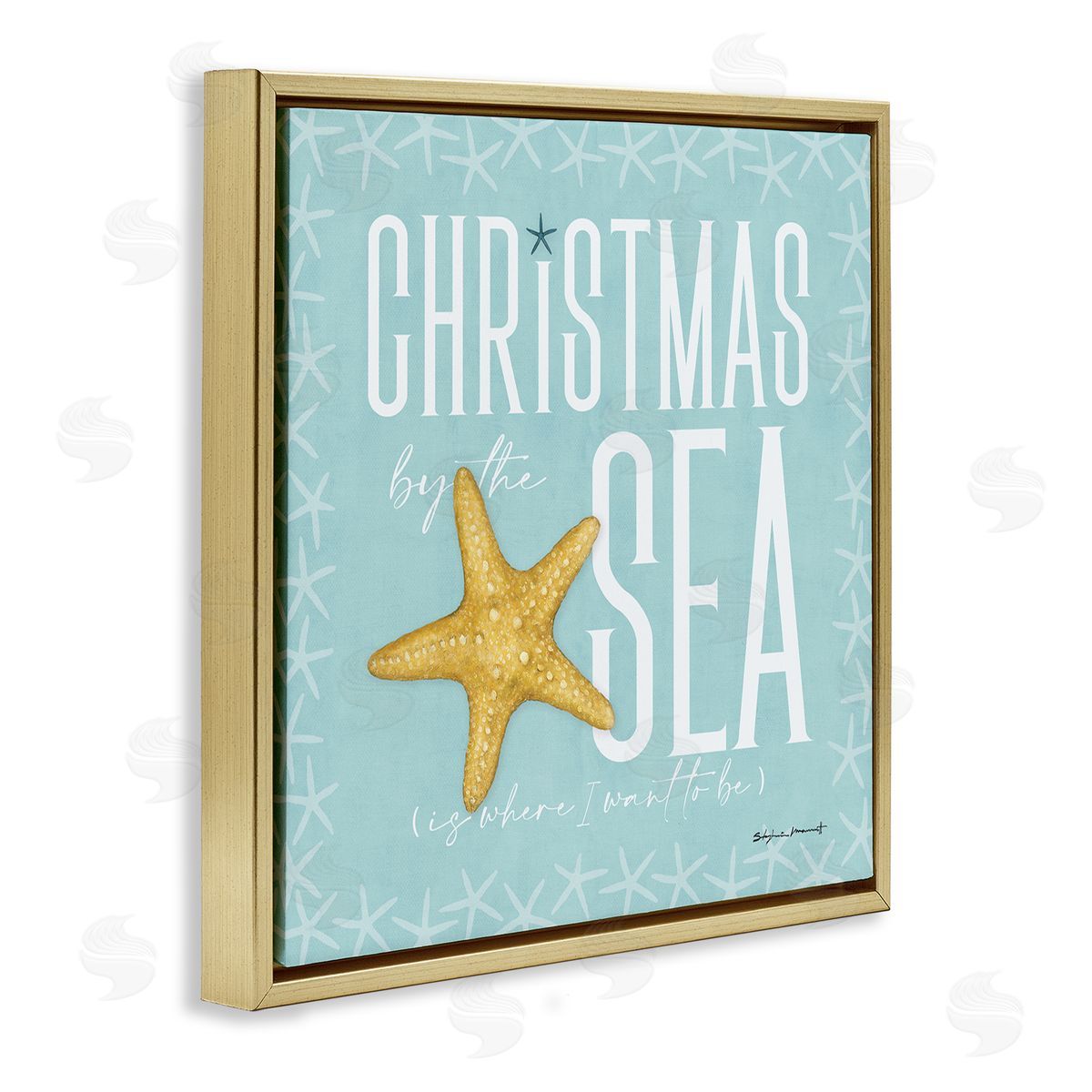 Stephanie Workman Marrott Christmas By The Sea Turquoise Gold Floating Frame Canvas Wall Art Print
