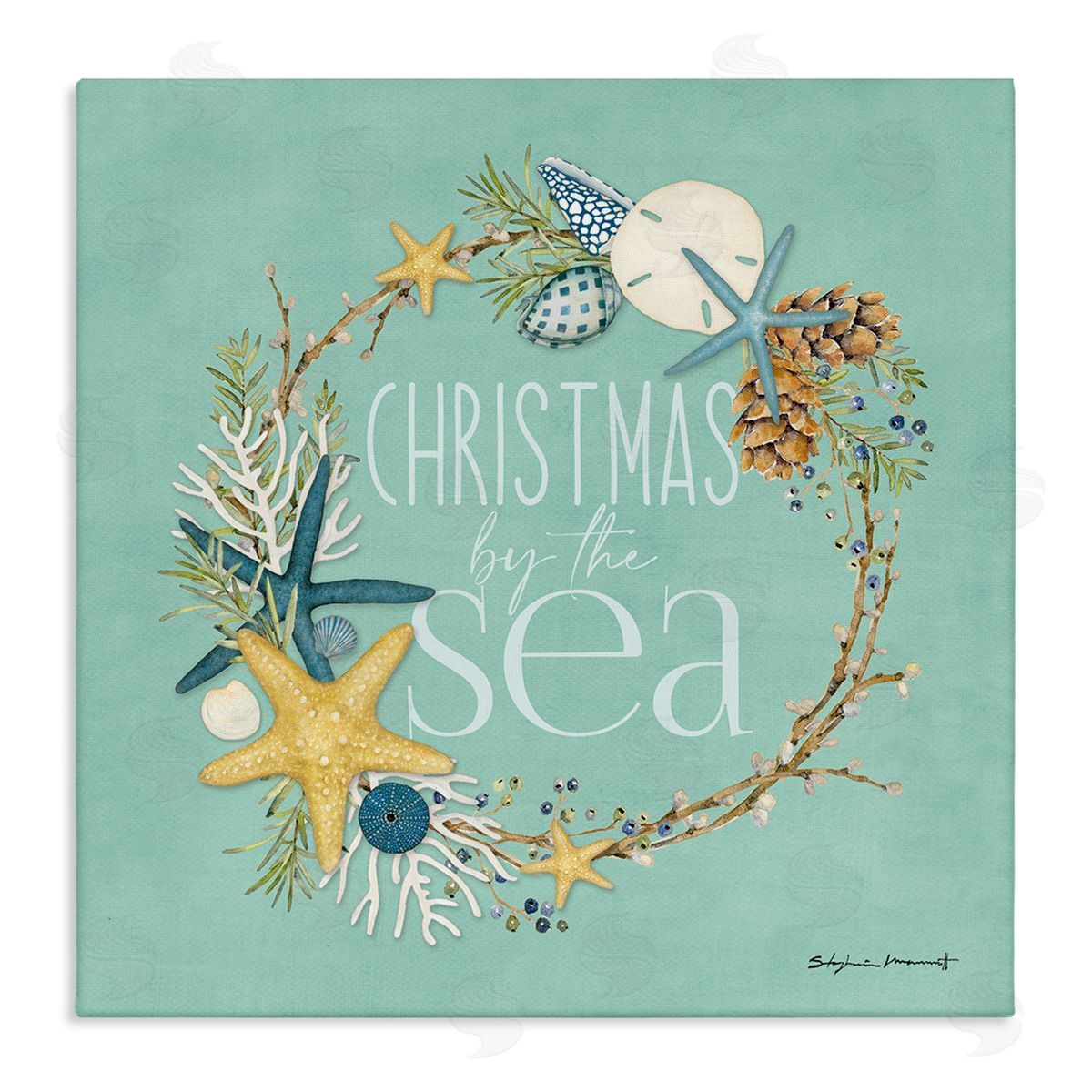 Stephanie Workman Marrott Christmas By The Sea Wreath Stretched Canvas Wall Art Print