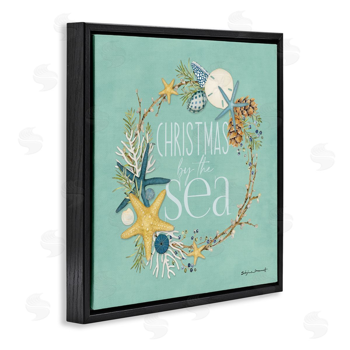Stephanie Workman Marrott Christmas By The Sea Wreath Black Floating Frame Canvas Wall Art Print