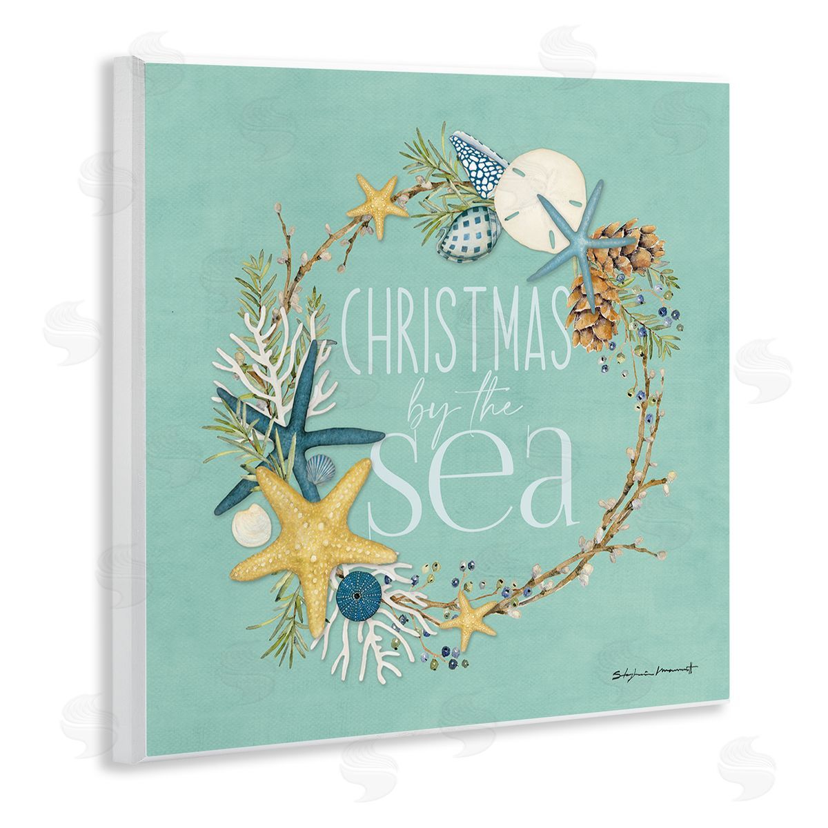 Stephanie Workman Marrott Christmas By The Sea Wreath Wooden Wall Plaque Art Print