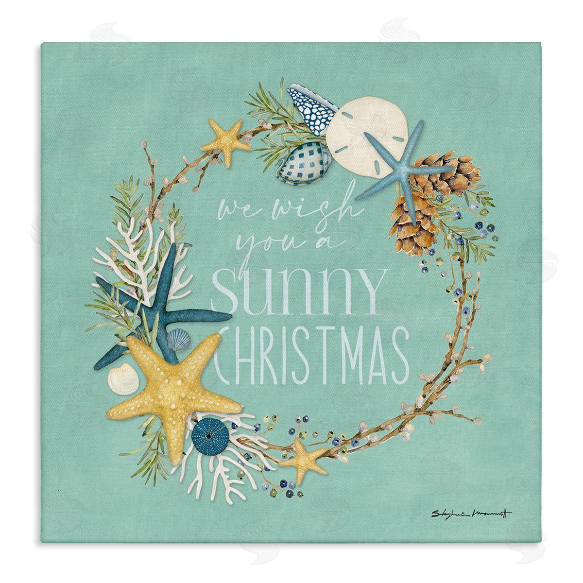 Stephanie Workman Marrott Wish You A Sunny Christmas Wreath Stretched Canvas Wall Art Print