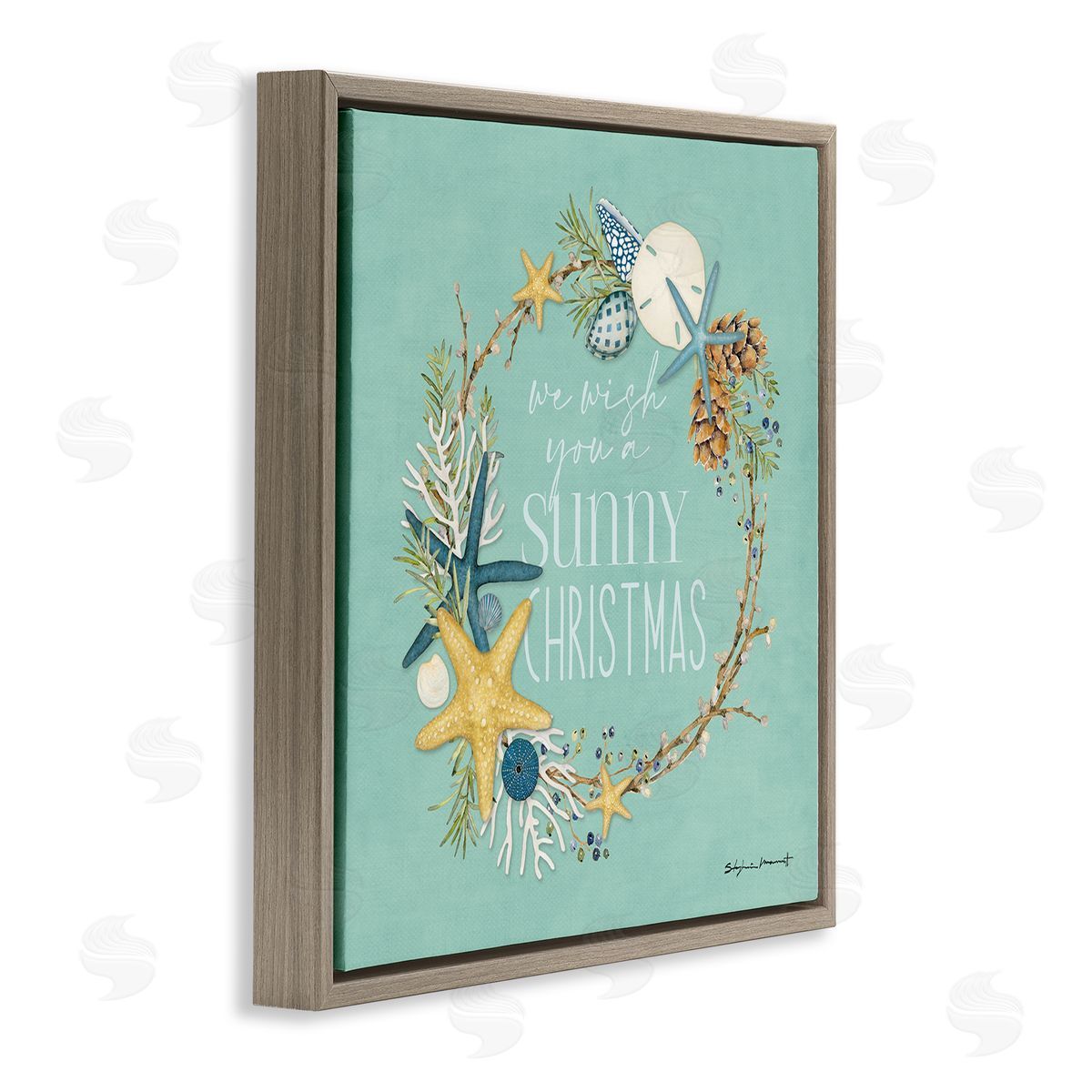 Stephanie Workman Marrott Wish You A Sunny Christmas Wreath Brown Floating Frame Canvas Wall Art Print