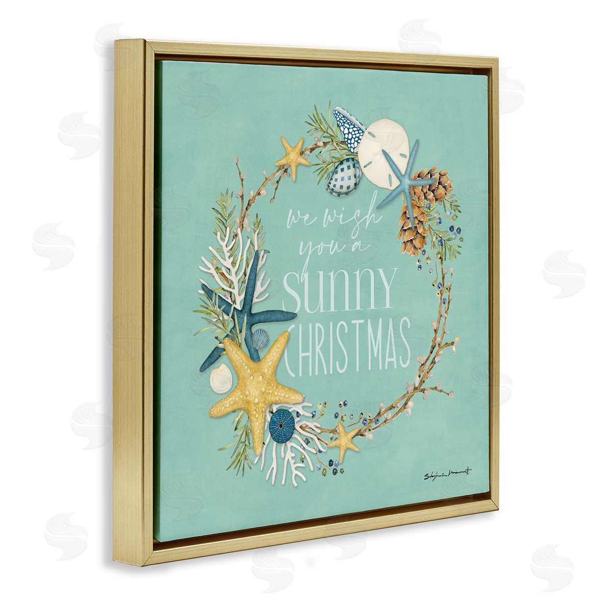 Stephanie Workman Marrott Wish You A Sunny Christmas Wreath Gold Floating Frame Canvas Wall Art Print