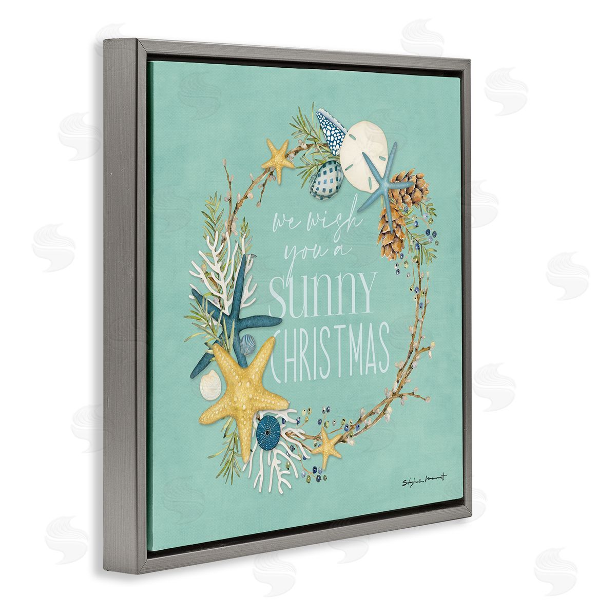 Stephanie Workman Marrott Wish You A Sunny Christmas Wreath Gray Floating Frame Canvas Wall Art Print