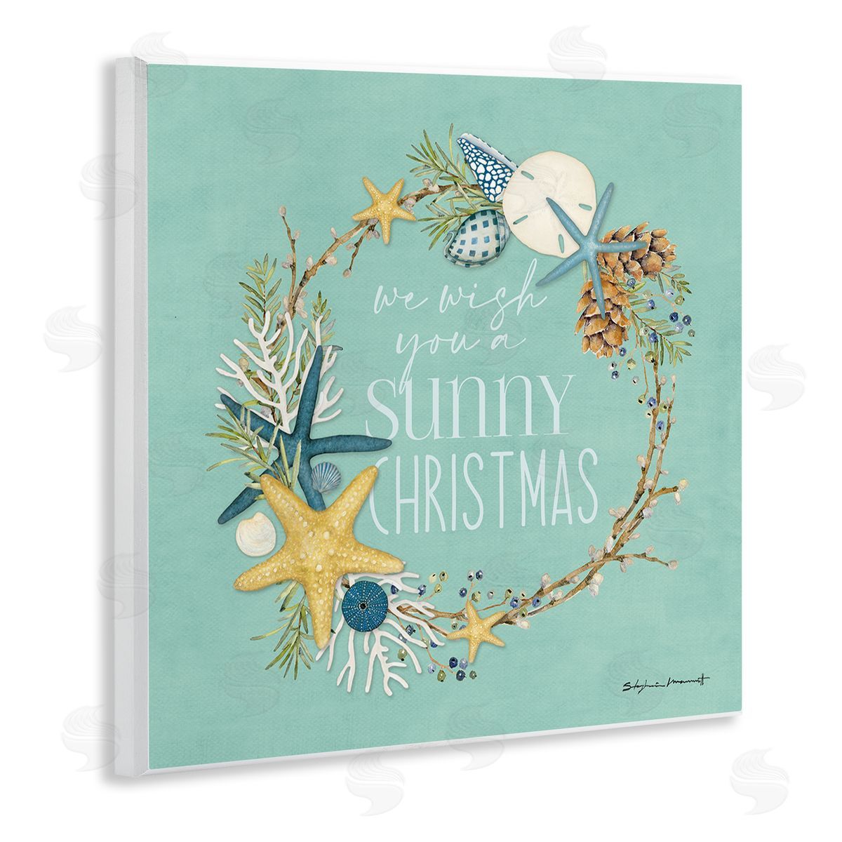 Stephanie Workman Marrott Wish You A Sunny Christmas Wreath Wooden Wall Plaque Art Print