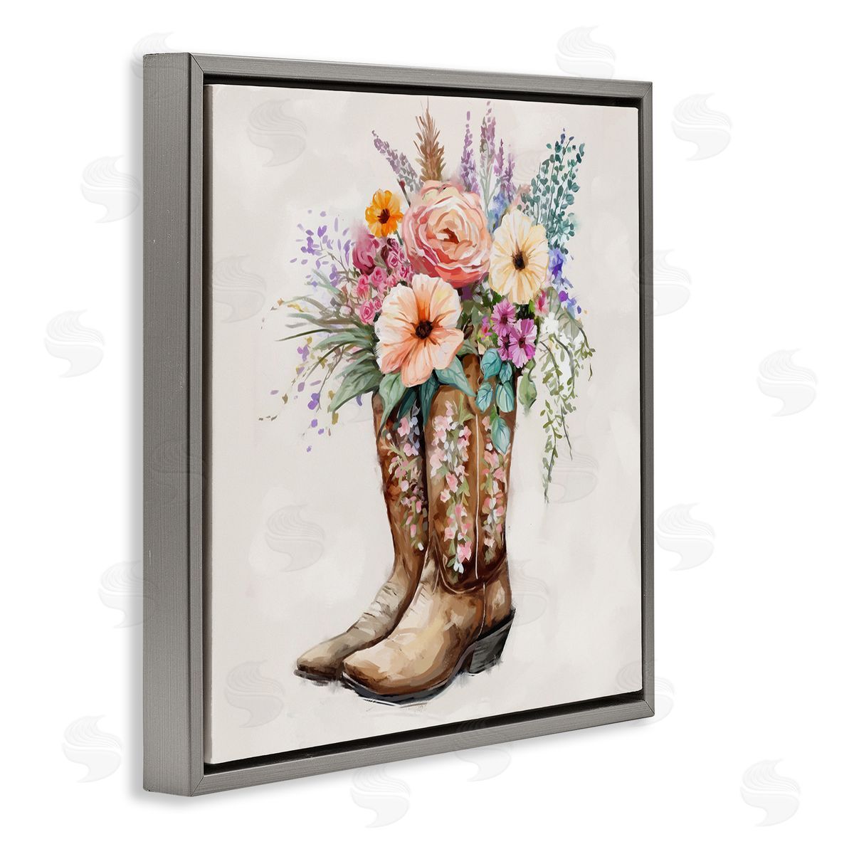 Country Cowboy Boots Bouquet Grey Floating Frame Canvas Wall Art, Home Decor by Ziwei Li