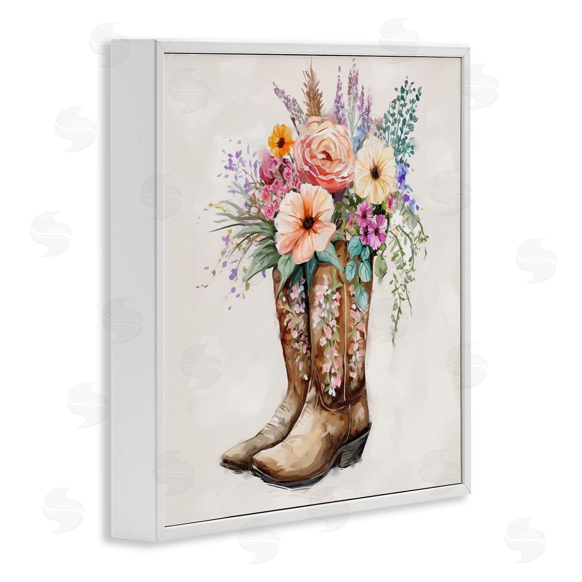 Country Cowboy Boots Bouquet White Frame Print Wall Art, Home Decor by Ziwei Li
