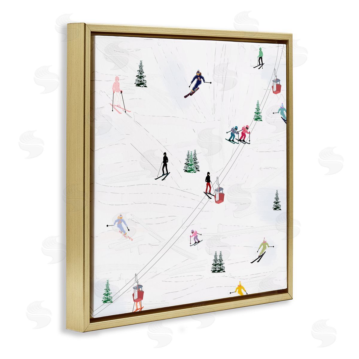 Ashley Singleton Skiing Slopes Winter Snow Scene Gold Floating Frame Canvas Wall Art Print