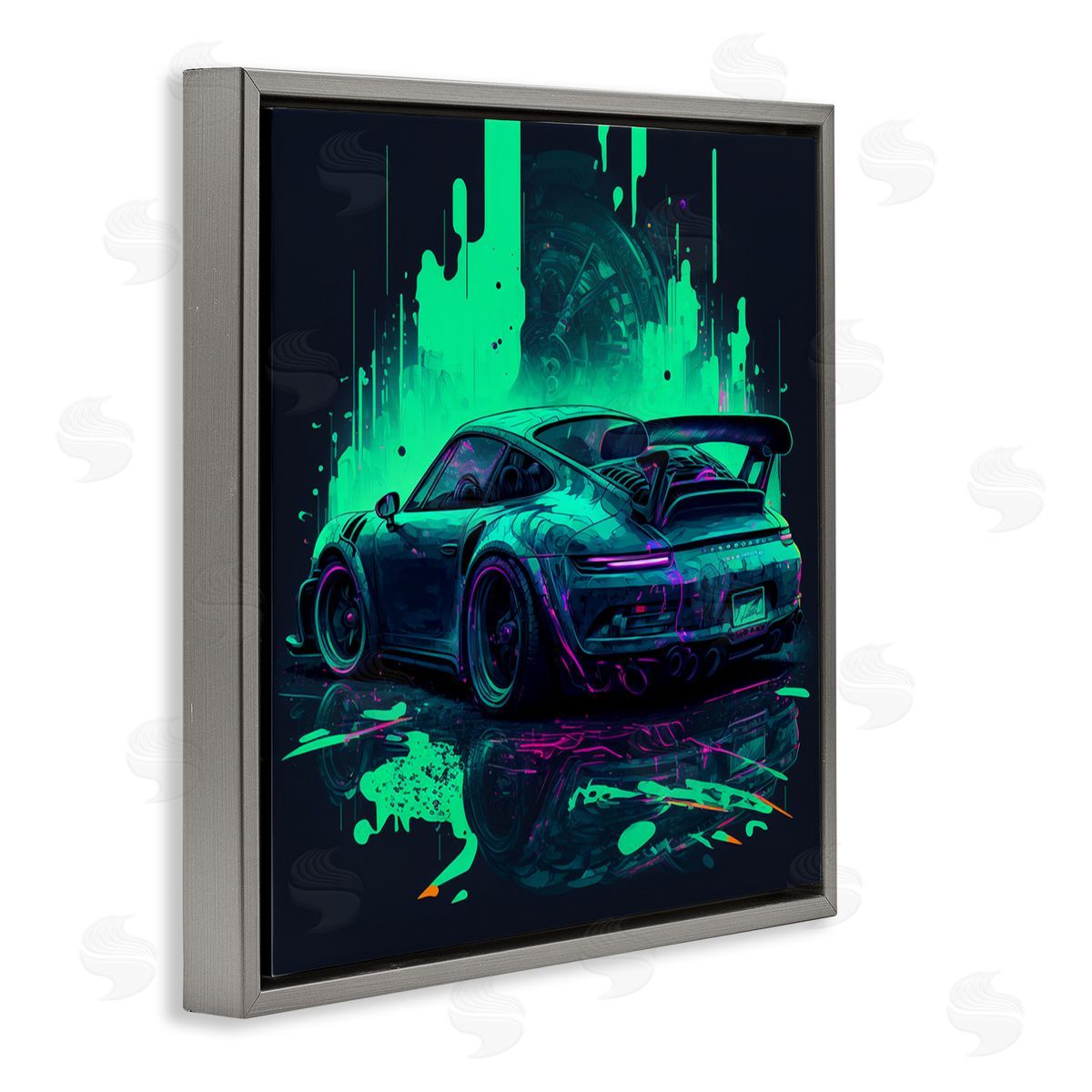 CyberGeek Design Urban Sports Car Neon Graffiti Gray Floating Frame Canvas Wall Art Print