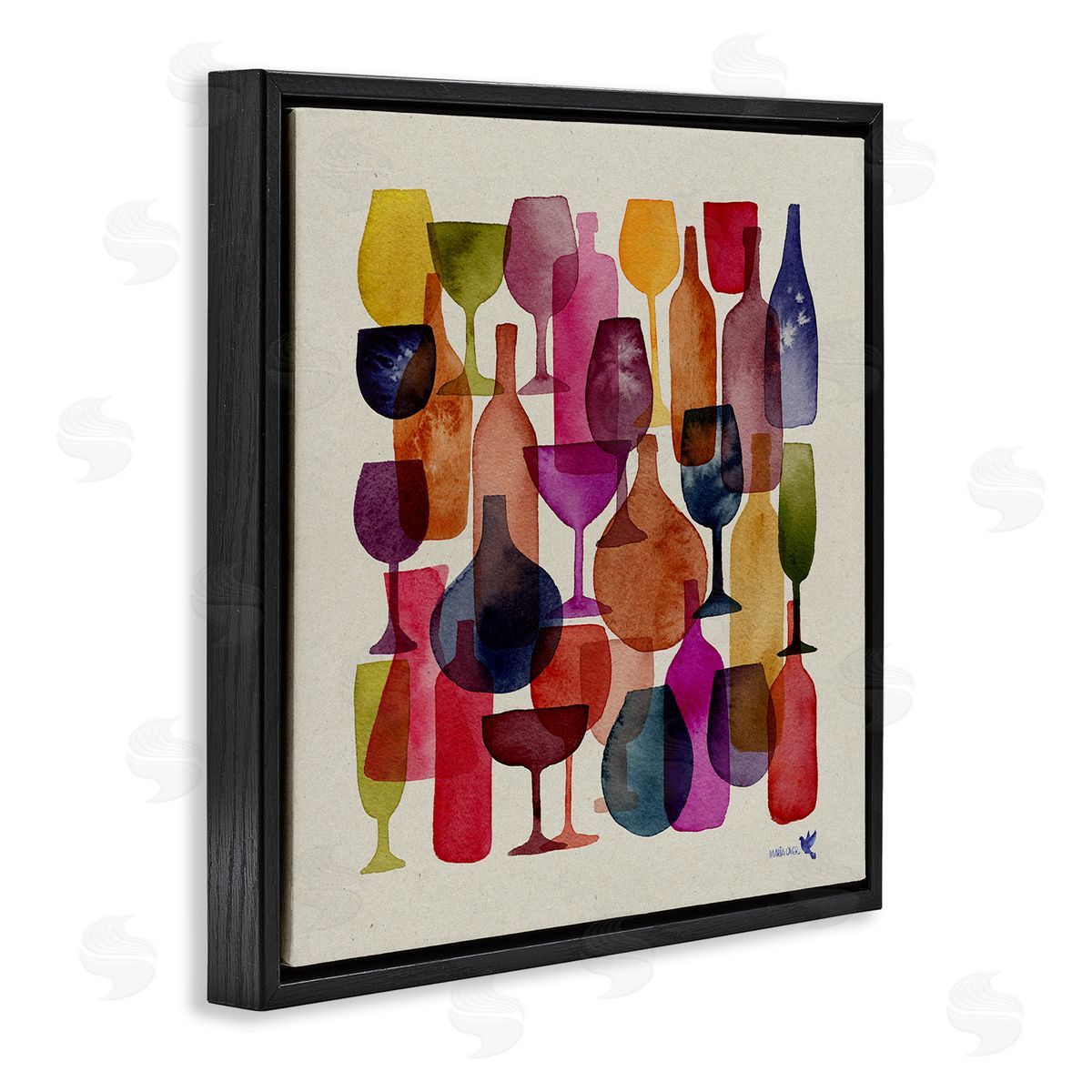 Maria Over Modern Overlapping Wine Glasses Black Floating Frame Canvas Wall Art Print