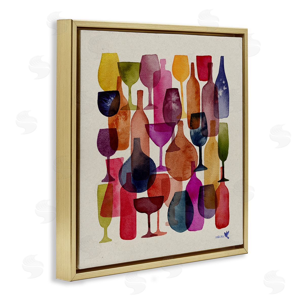 Maria Over Modern Overlapping Wine Glasses Gold Floating Frame Canvas Wall Art Print