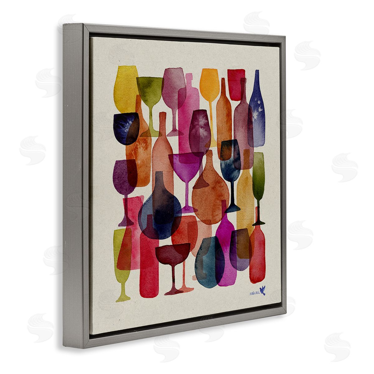 Maria Over Modern Overlapping Wine Glasses Gray Floating Frame Canvas Wall Art Print