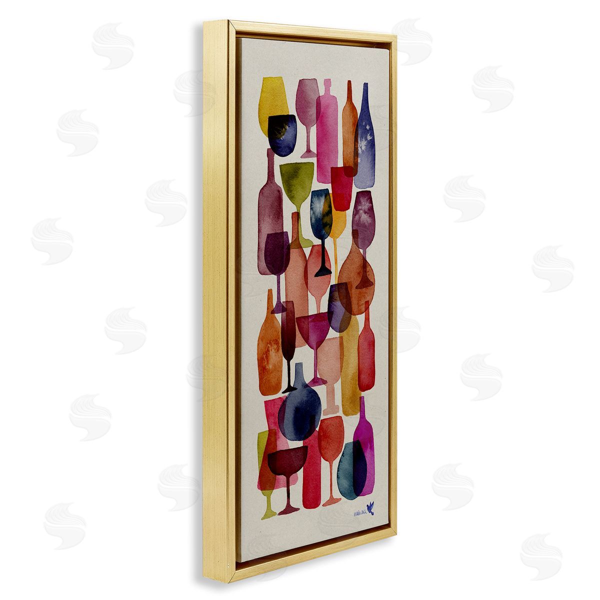 Layered Wine Glasses Painting Gold Floating Frame Canvas Wall Art, Home Decor by Maria Over
