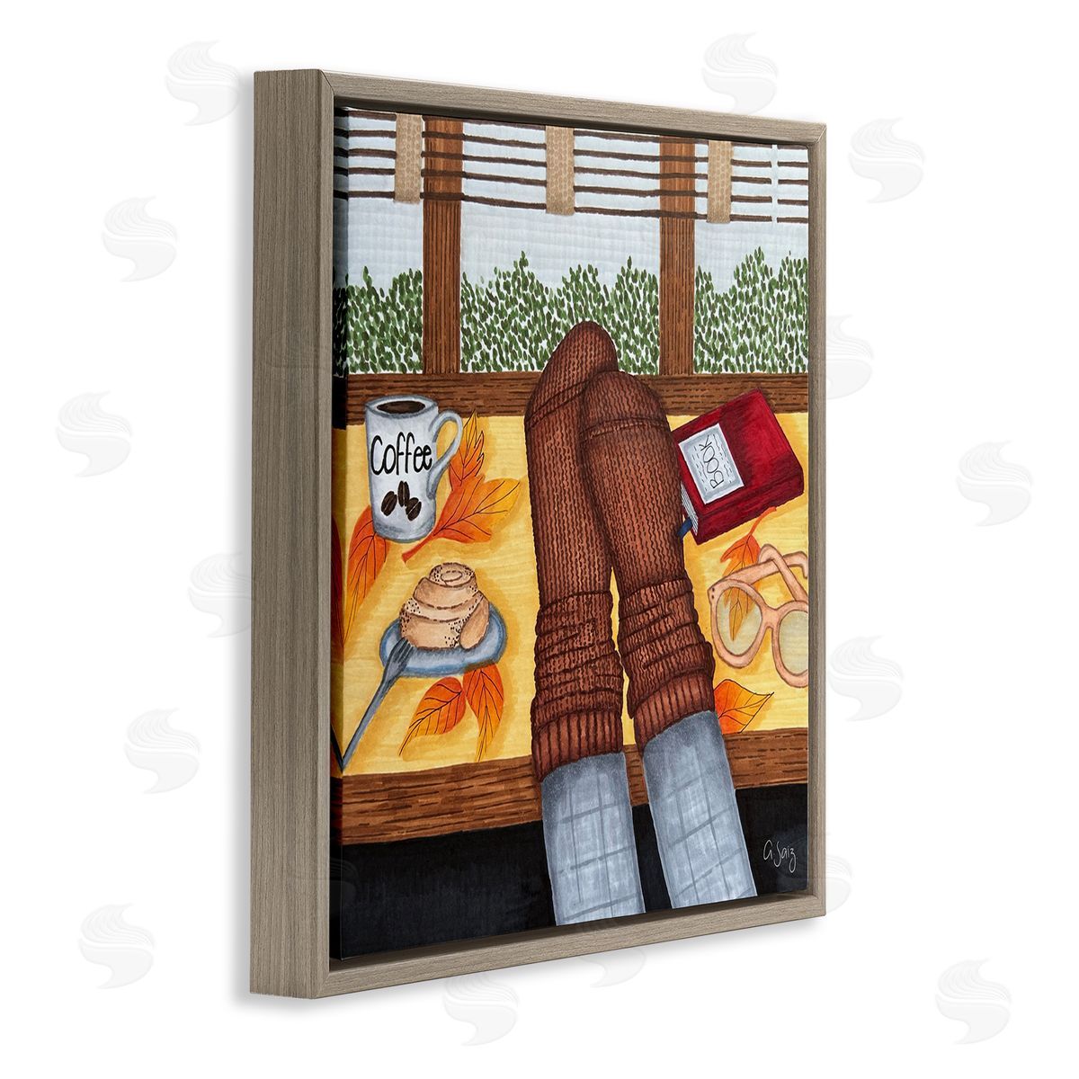 Ale Saiz Studio Resting Feet Autumn Cozy Coffee Brown Floating Frame Canvas Wall Art Print