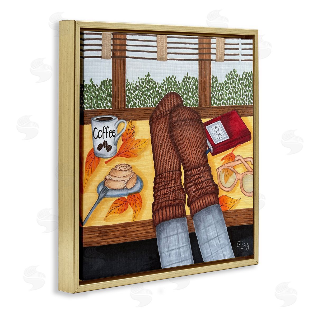 Ale Saiz Studio Resting Feet Autumn Cozy Coffee Gold Floating Frame Canvas Wall Art Print