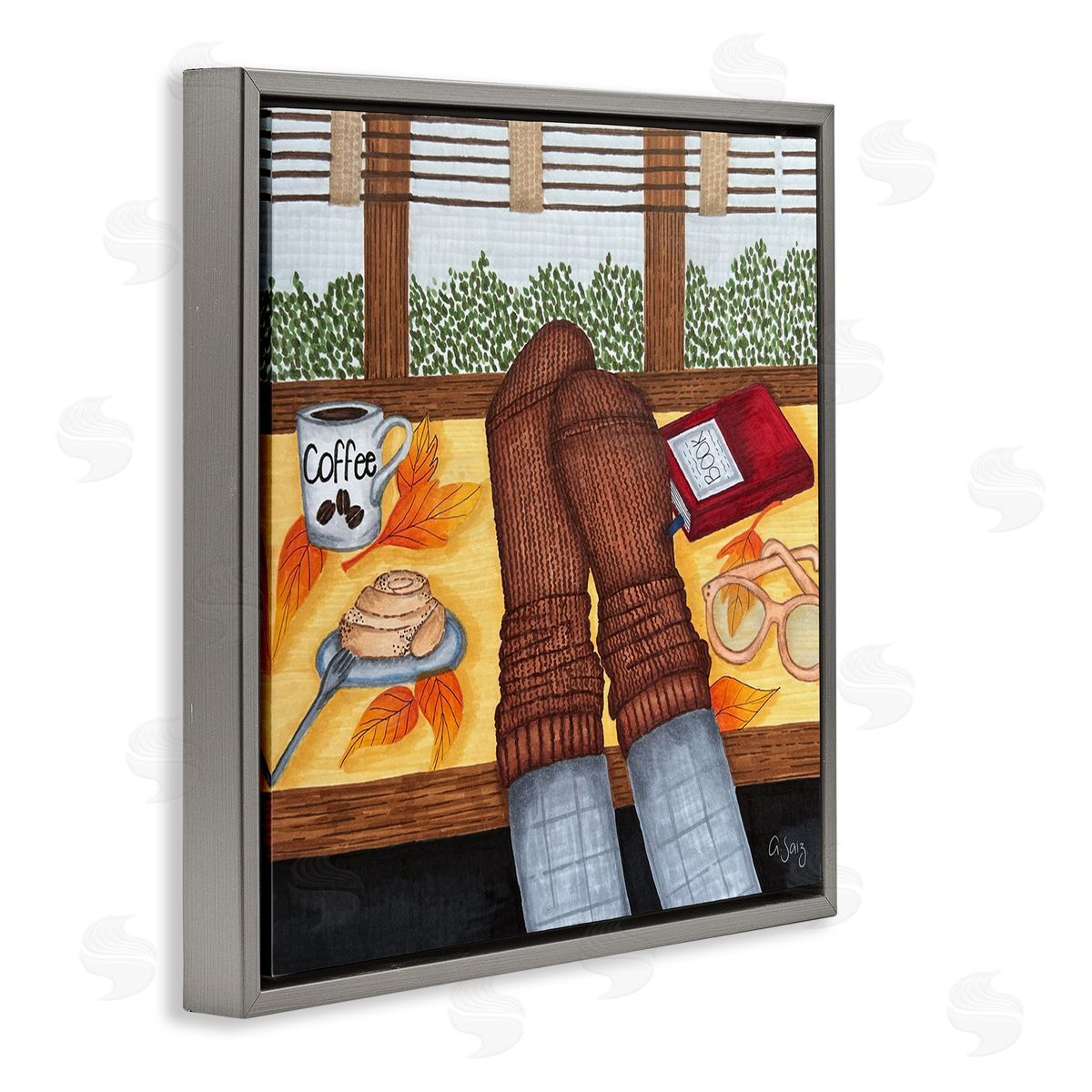 Ale Saiz Studio Resting Feet Autumn Cozy Coffee Gray Floating Frame Canvas Wall Art Print