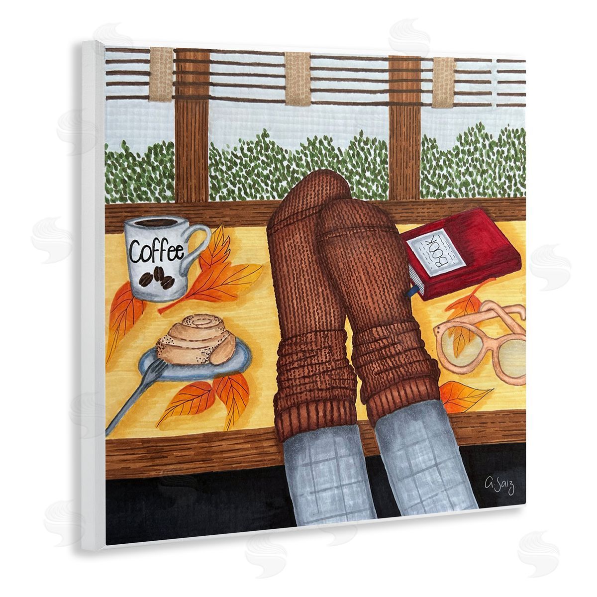 Ale Saiz Studio Resting Feet Autumn Cozy Coffee Wooden Wall Plaque Art Print