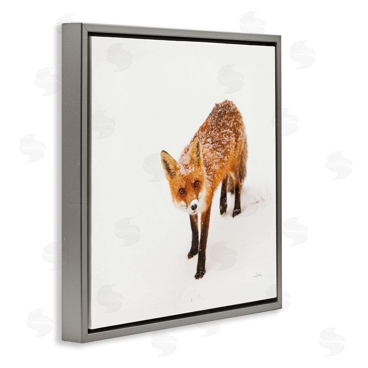 Aledanda Fox Stepping Snowy Landscape Gray Floating Frame Canvas Wall Art Print