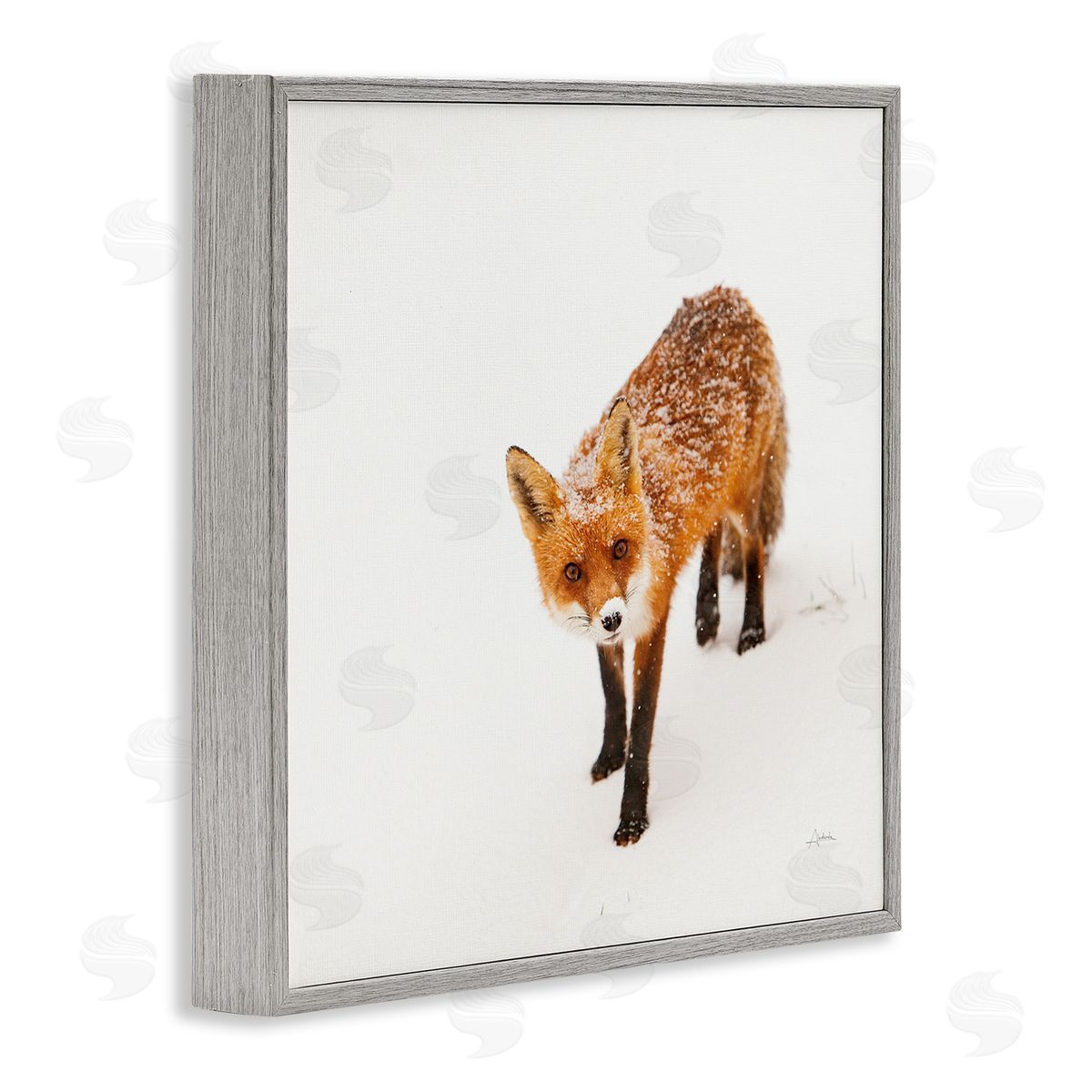 Aledanda Fox Stepping Snowy Landscape Gray Framed Glicee Wall Art Print