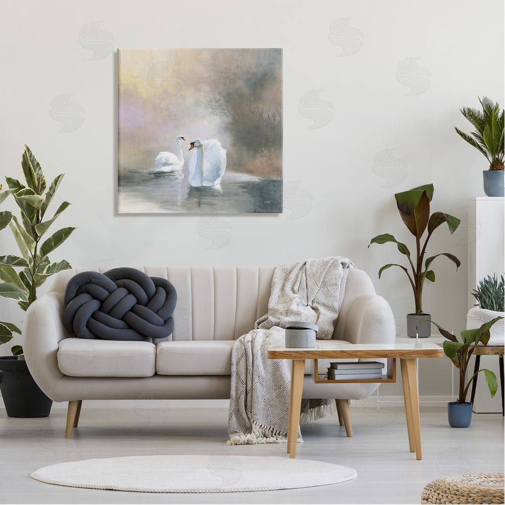 Julia Purinton Swans on Lake Landscape Canvas Wall Art in Room