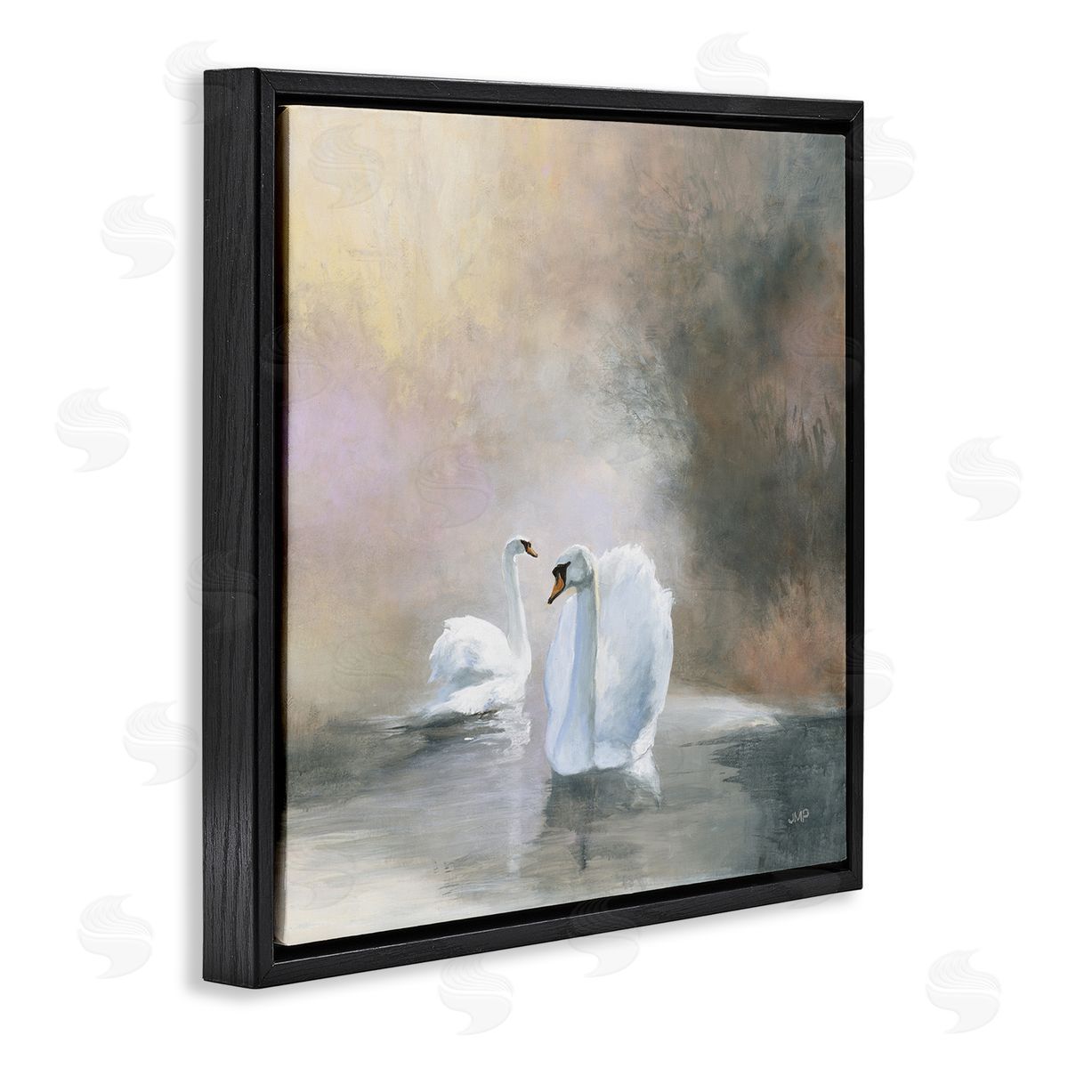 Julia Purinton Swans on Lake Landscape Black Floating Frame Canvas Wall Art Print