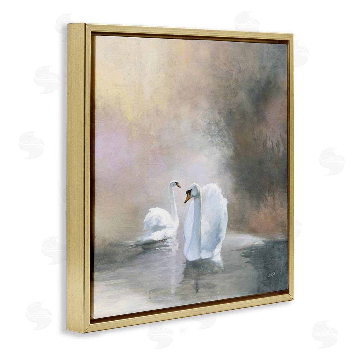Julia Purinton Swans on Lake Landscape Gold Floating Frame Canvas Wall Art Print