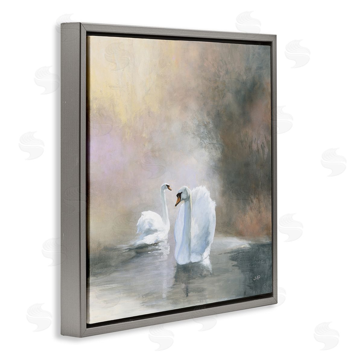 Julia Purinton Swans on Lake Landscape Gray Floating Frame Canvas Wall Art Print