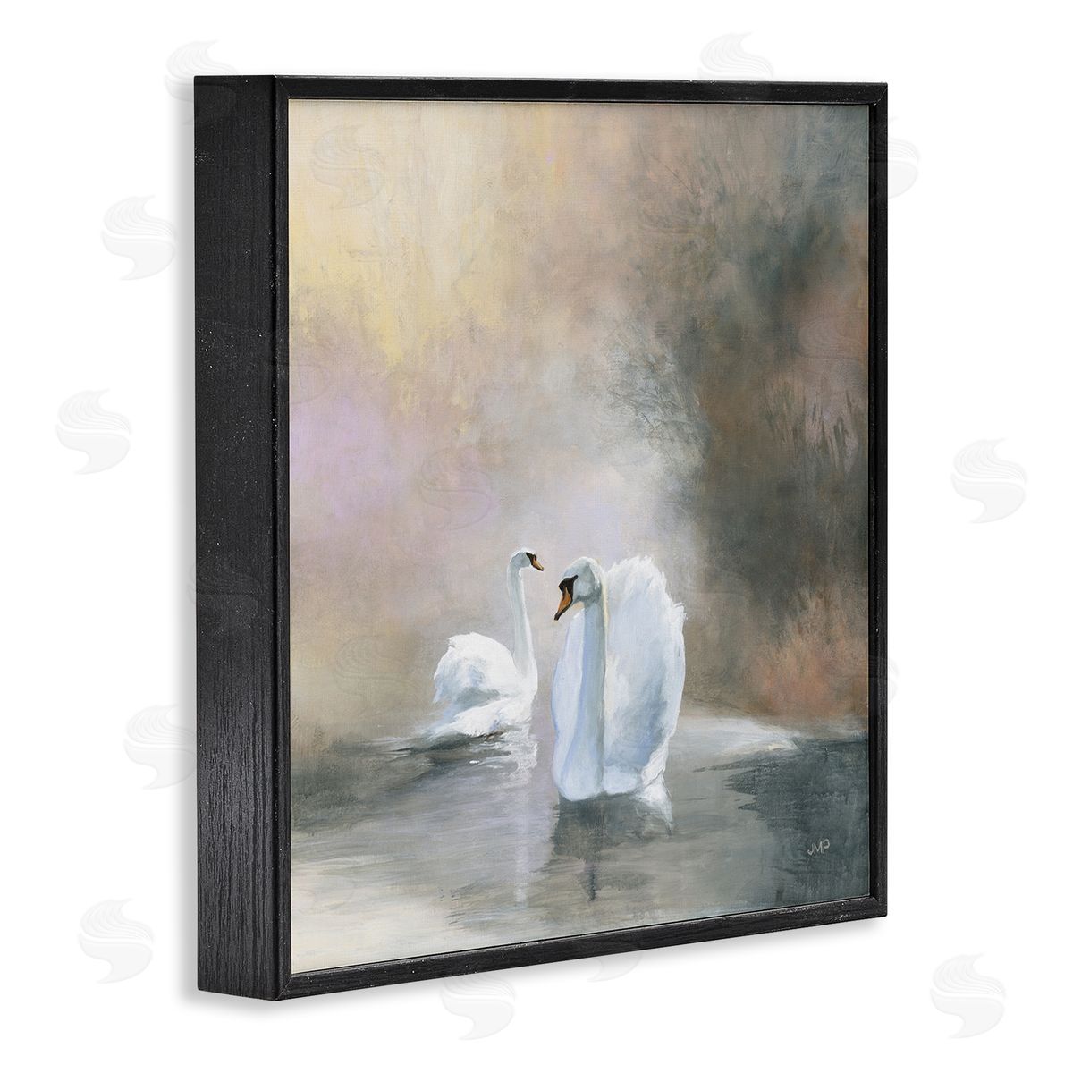 Julia Purinton Swans on Lake Landscape Black Framed Glicee Wall Art Print